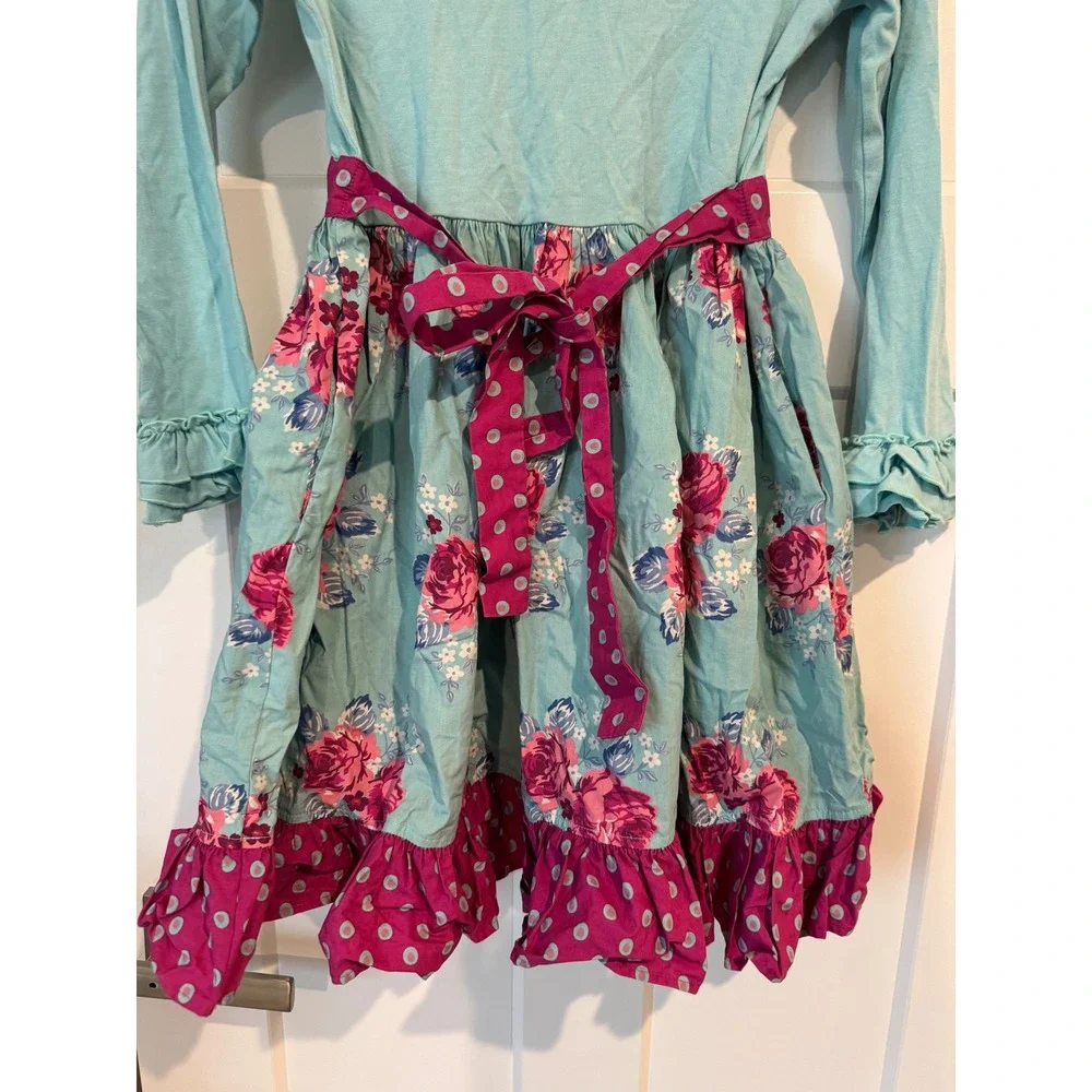 Eleanor Rose Rhonda Dress Girls Size 8-10 Aqua Pink Floral Ruffle Long Sleeve